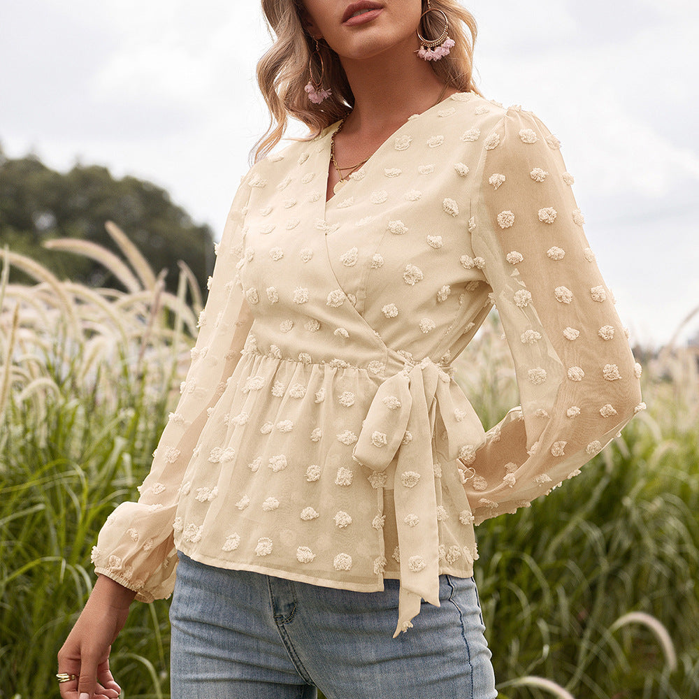Jacquard Lace Women's V-neck Blouse Jacquard Lace Women's V-neck Blouse